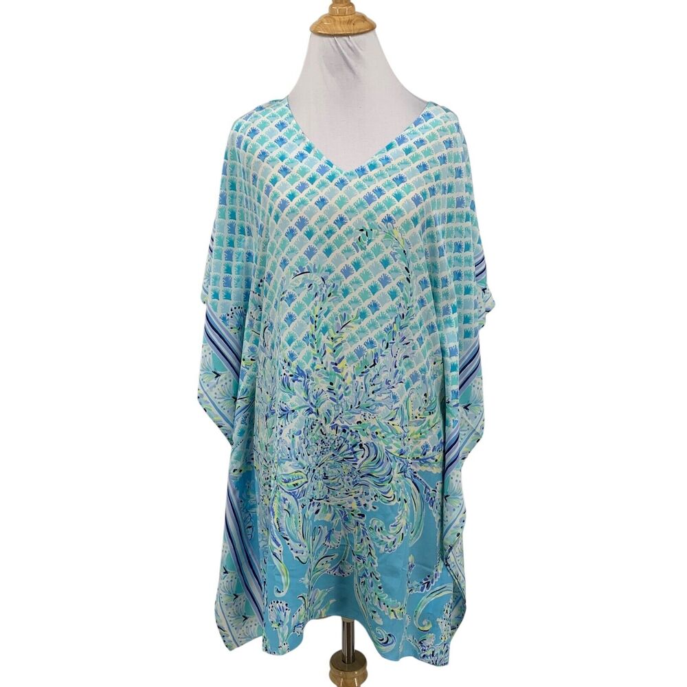 Lilly Pulitzer Dress Women XXS/XS Bondi Blue Print Silk Caftan V Neck Lined Mini